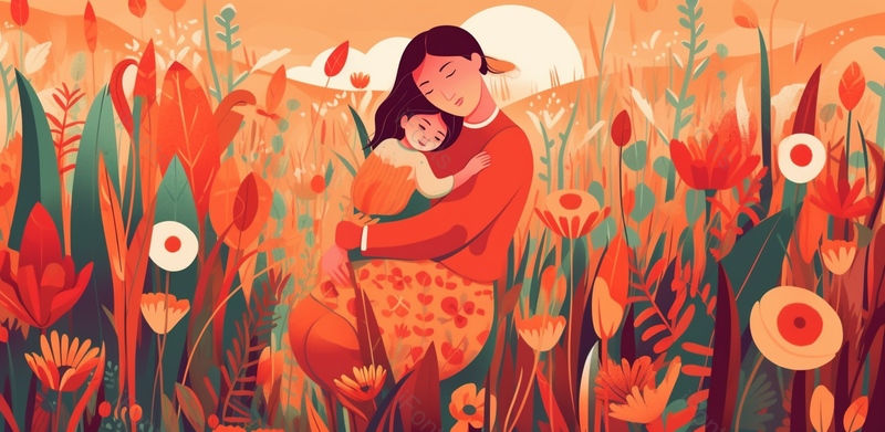 户外抱孩子高清背景卡通风格母女人物插画背景图,插画/手绘图,插画/手绘图库,插画/手绘图下载,插画/手绘